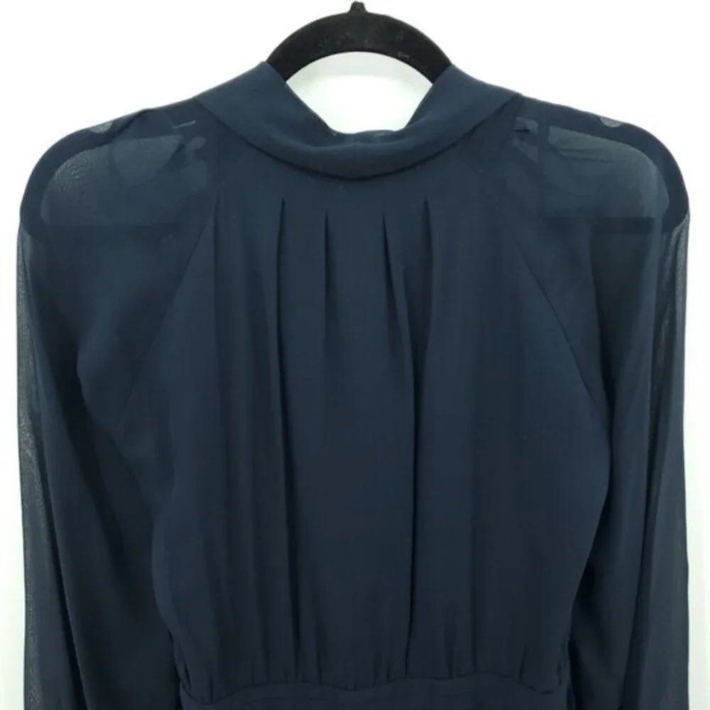 Boden 100% Silk Tie Neck Long Sleeve Midi Dress 12 US Navy Blue